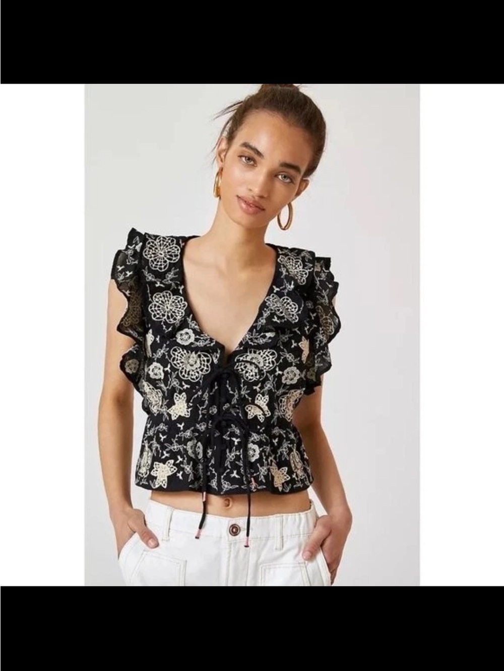 Anthropologie Black Floral Embroidered Ruffle Vest Top S Boho Romantic Prairie